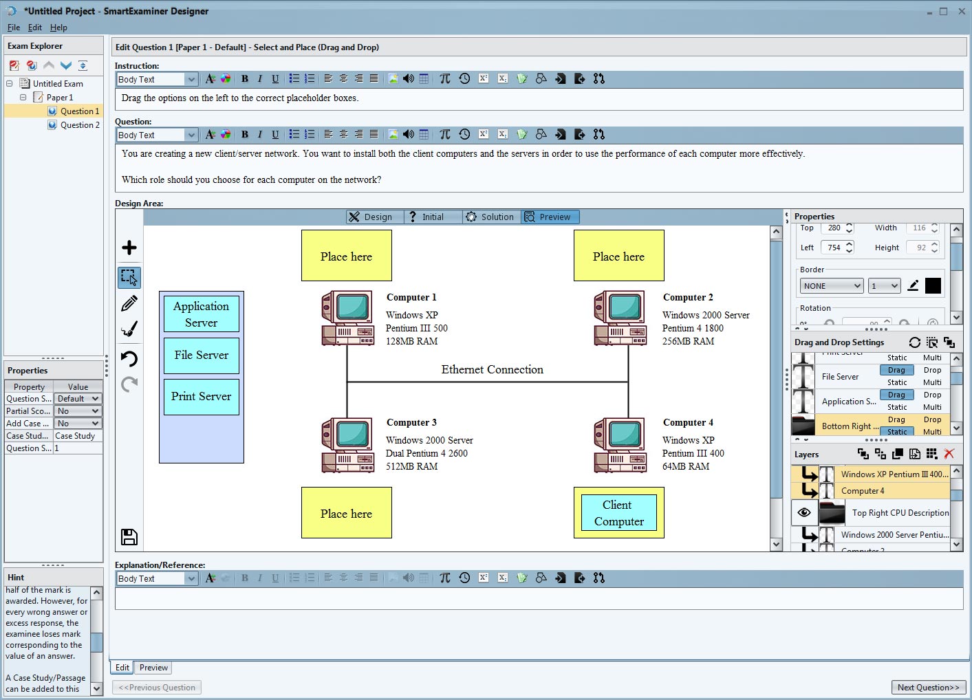 The SmartExaminer Designer editing a drag-and-drop question, where labelled server roles are dragged onto four computers in a network diagram, with the question properties and layer list at the side