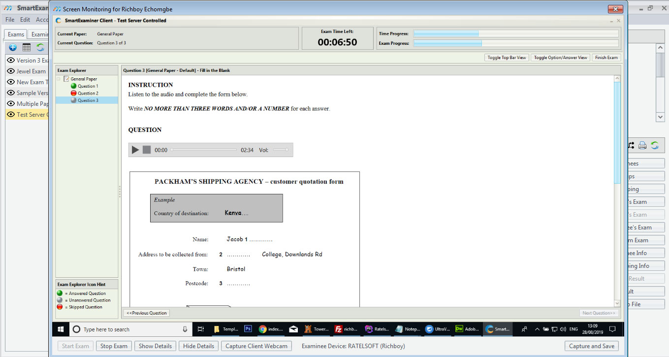 The SmartExaminer Manager showing a live view of a candidate’s screen during a paper, with the time remaining, a question list marking answered and skipped questions, and invigilator controls along the bottom