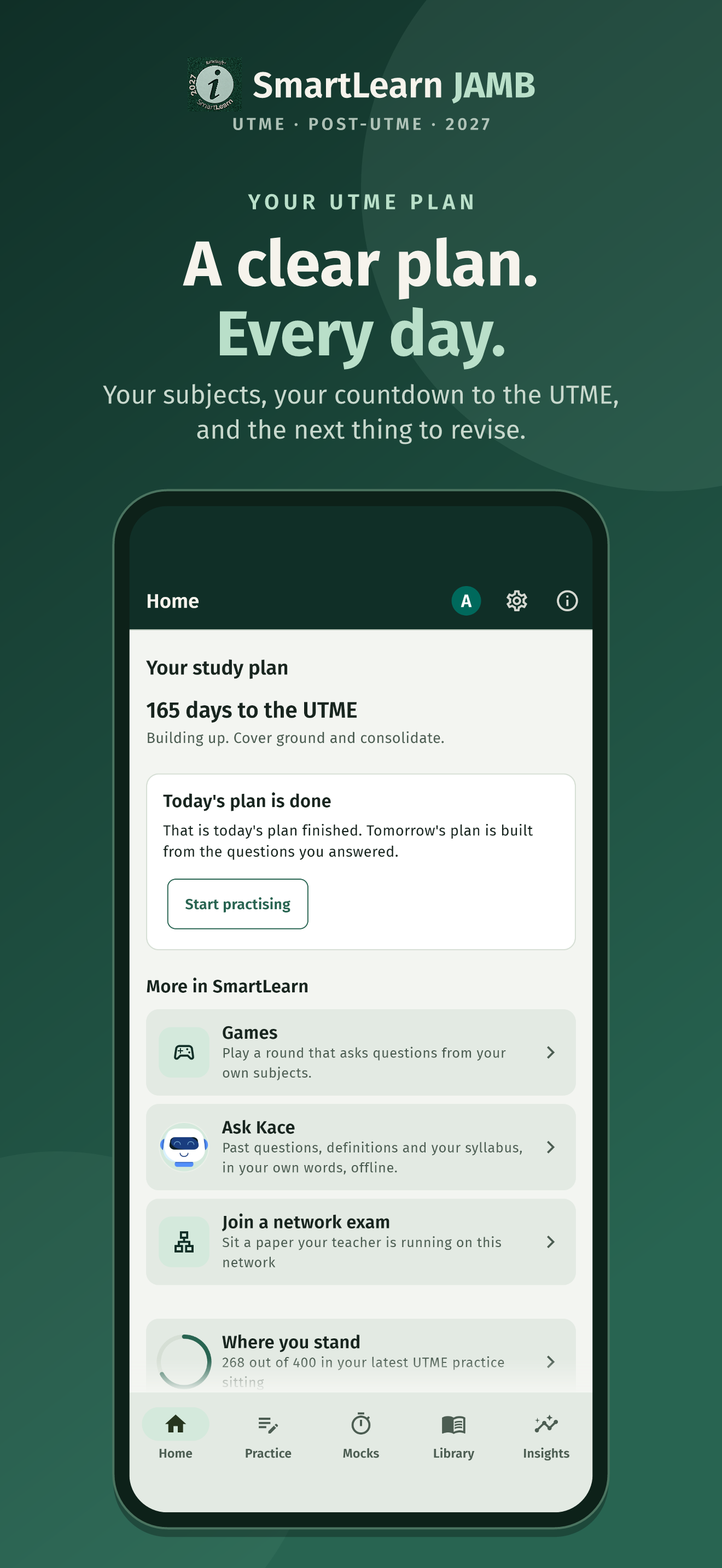 SmartLearn JAMB 2027 store screenshot showing Home, the green app logo and study plan.