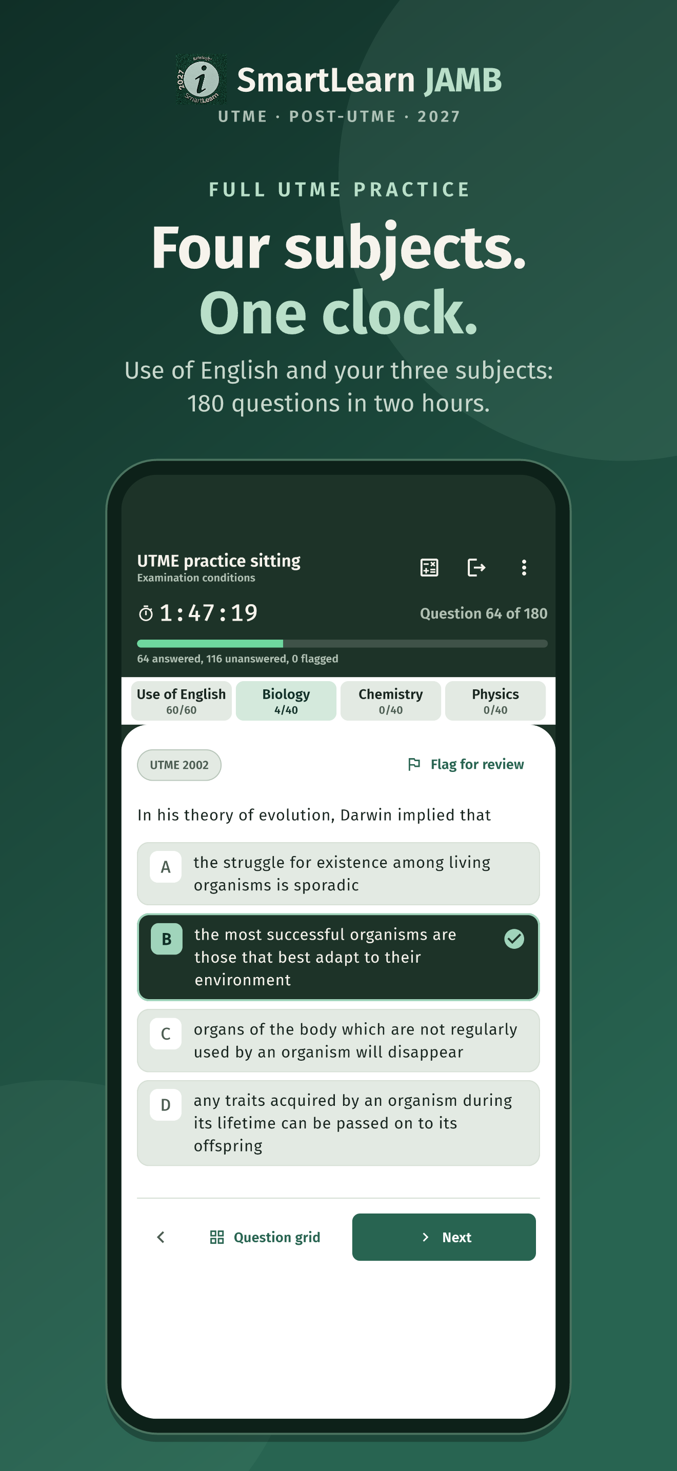 SmartLearn JAMB 2027 store screenshot showing a timed UTME practice sitting.