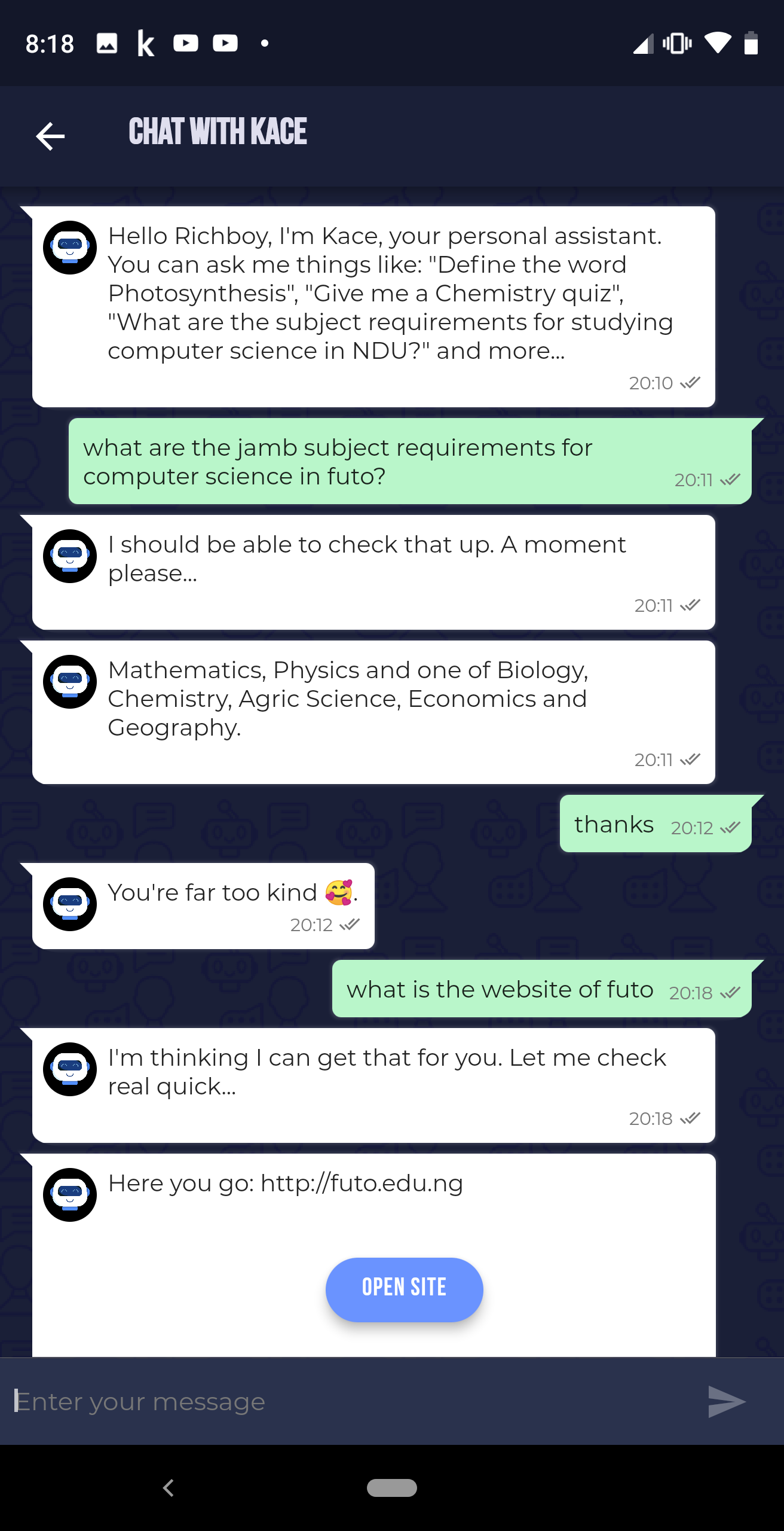 A chat with Kace, the SmartLearn assistant, which answers a question about the JAMB subject requirements for computer science and then finds the university’s website