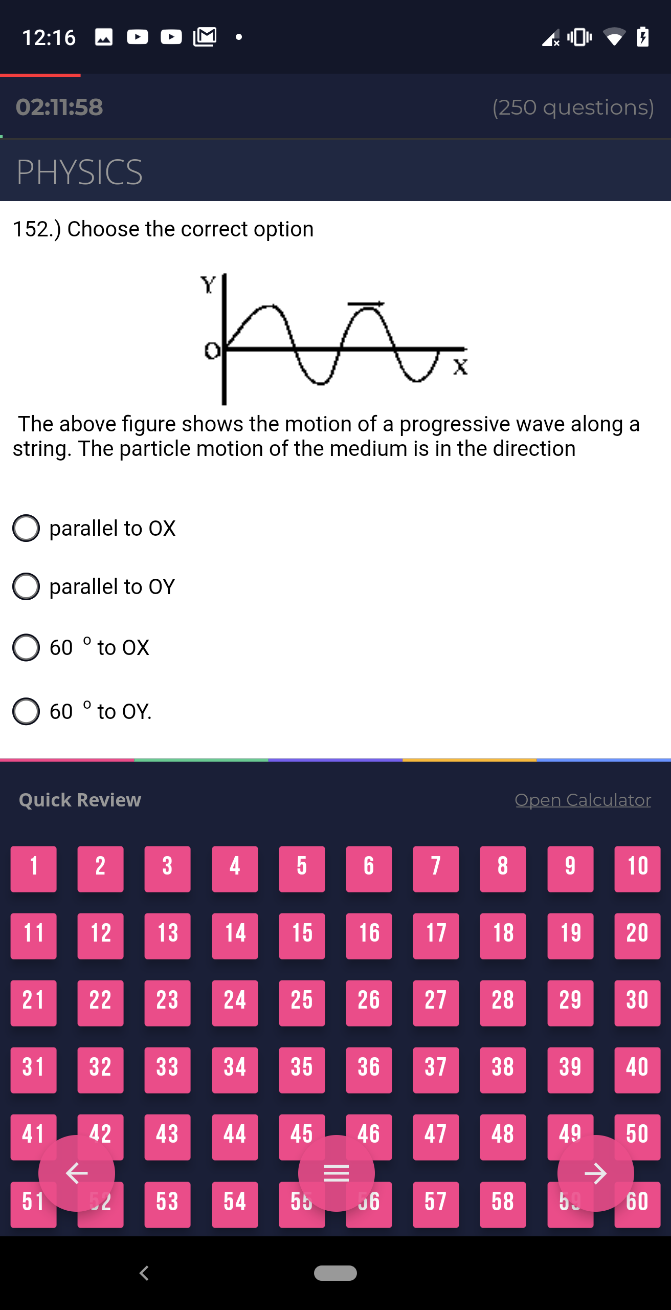 The SmartLearn JAMB app showing a Physics multiple-choice question about a progressive wave, with a countdown timer, four options and a numbered grid of all the questions below it