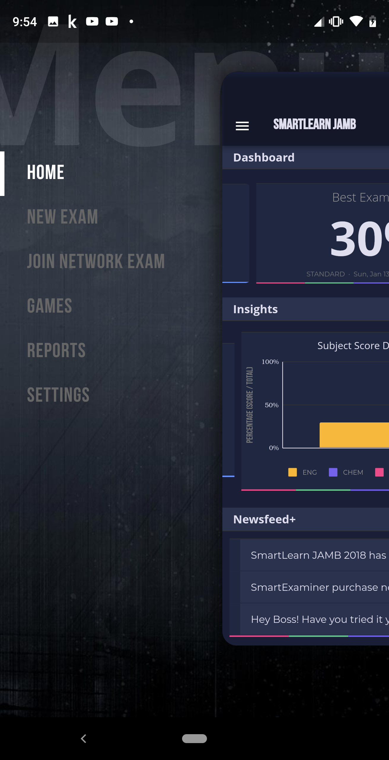 The SmartLearn JAMB navigation drawer listing Home, New Exam, Join Network Exam, Games, Reports and Settings, open over a dashboard showing a best exam score, a subject score chart and a newsfeed